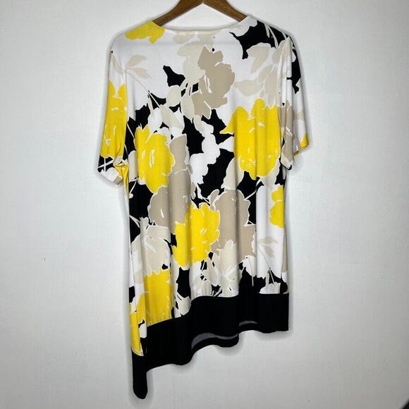 Susan Graver Liquid Knit Tunic Top Size XL Yellow Floral Asymmetrical - Picture 5 of 8